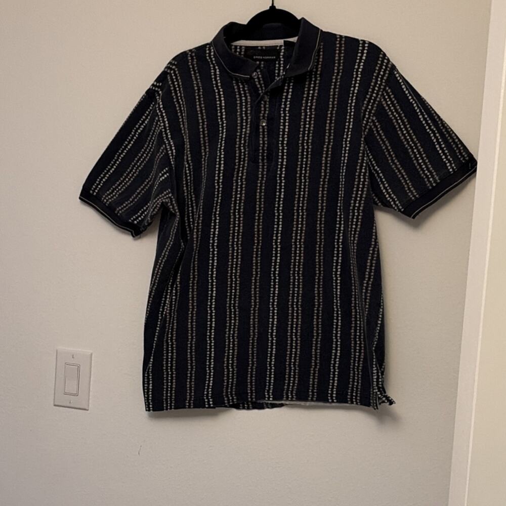 Greg Norman M Navy White Striped Short Sleeve Polo Shirt Collared Button